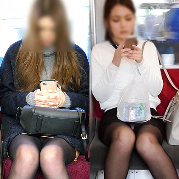 電車で携帯に夢中でパンツがモロ見えも気付かないOL達ってw